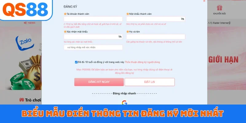 Biểu mẫu điền thông tin đăng ký mới nhất